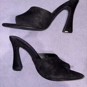 Shoe Dazzle Black Suede Open-Toe Sculpted Heel Mules